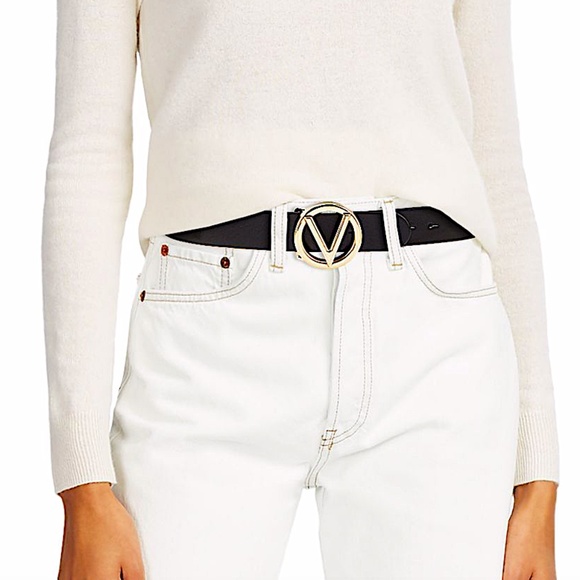 Valentino By Mario Valentino Croc Embossed V-Logo Gold Black Leather Belt main image 4